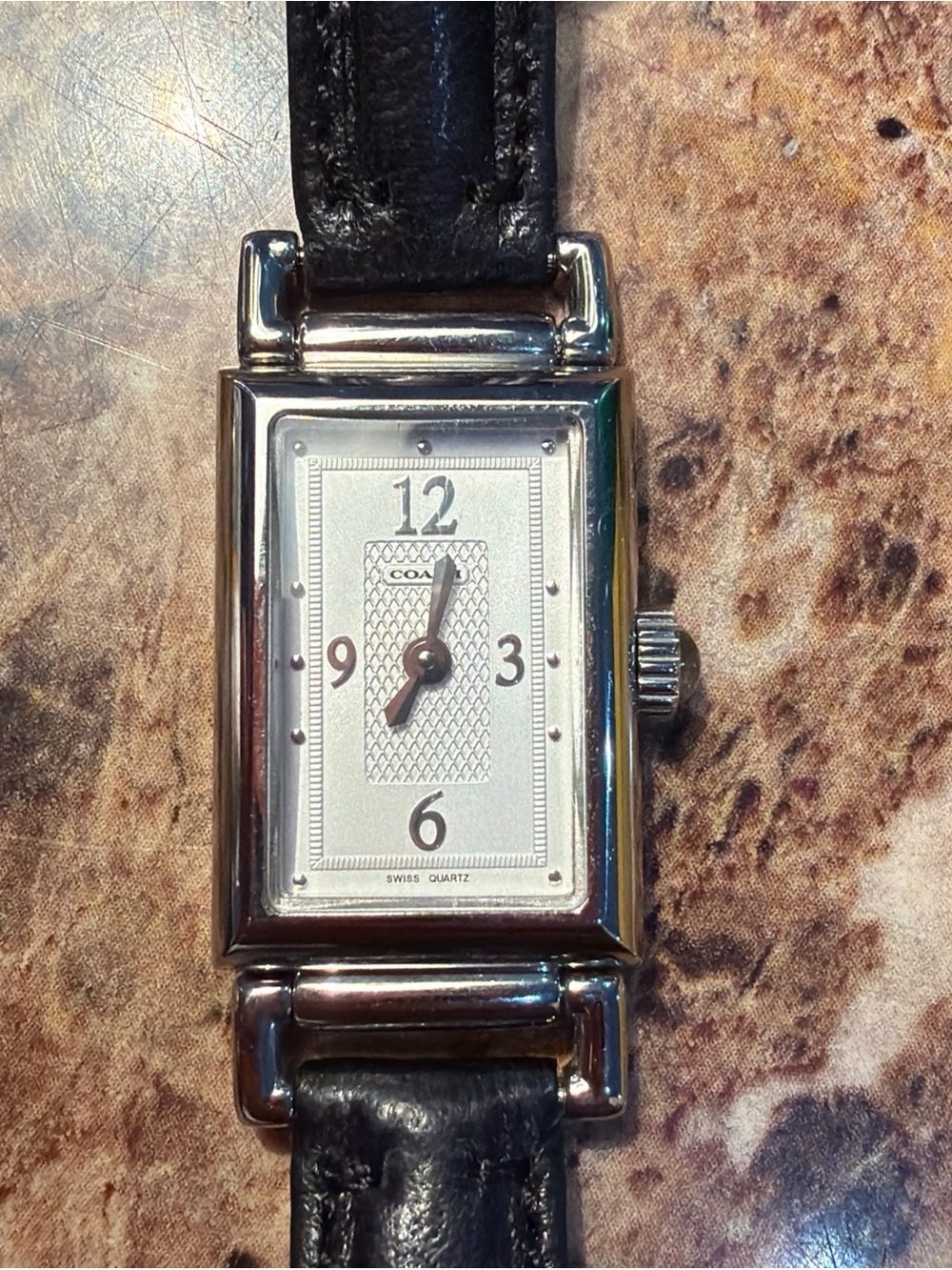 Coach Silver-Tone Rectangular Watch with Black Leather Strap